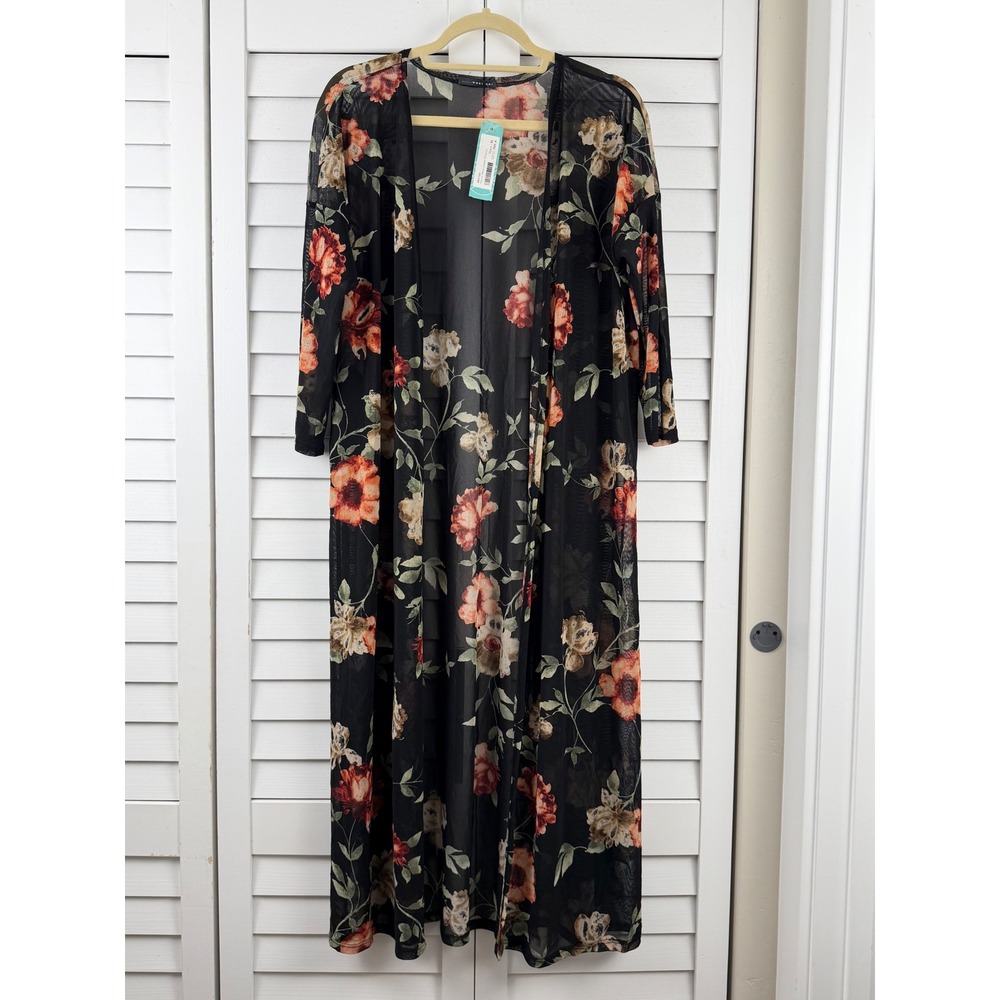 West Kei Kimono XL Black Floral Hartzler Mesh Duster NEW